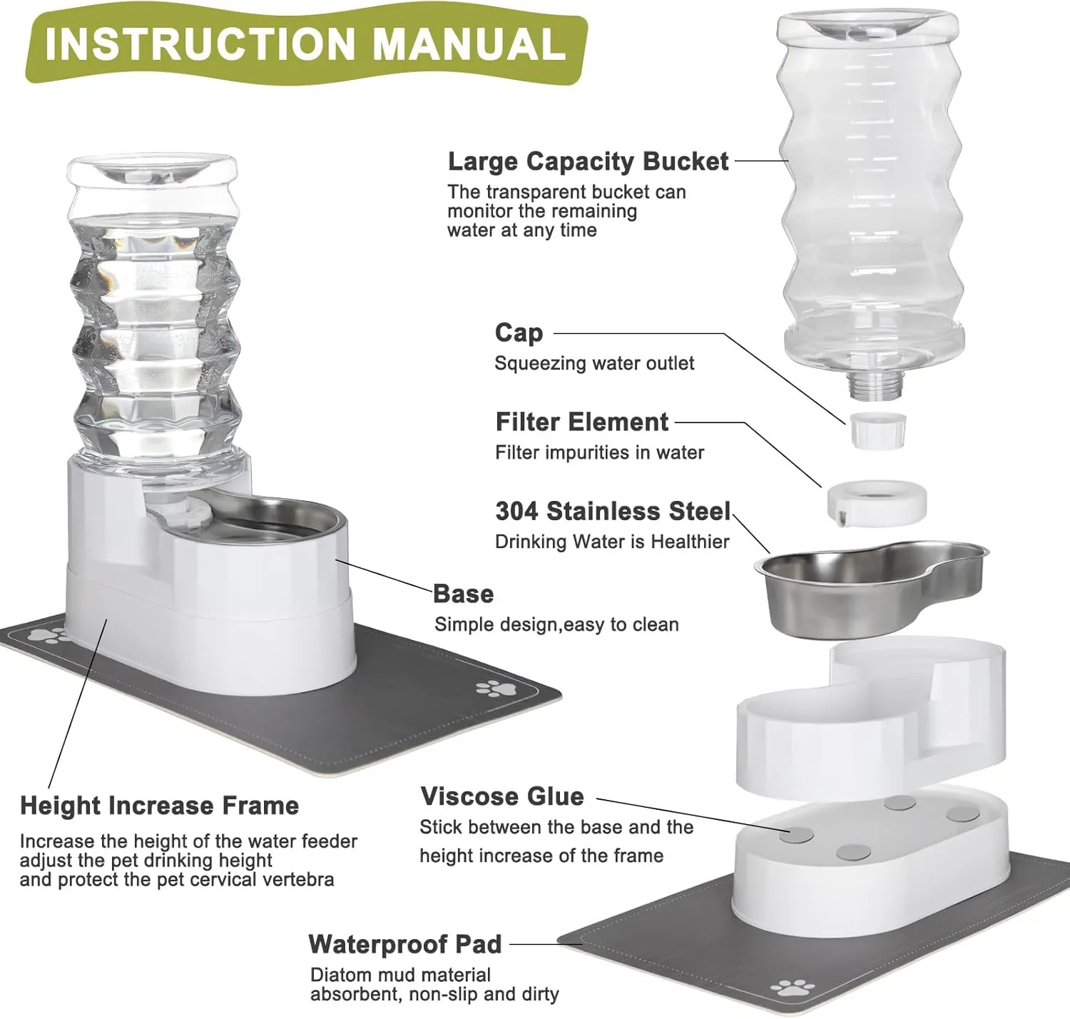 RIZZARI 8L Raised Automatic Pet Waterer, Gravity fed Stainless Steel Waterer, 100% BPA Free, Large Capacity Feeder for Cats and Medium to Large Dogs (Pearl,8L)