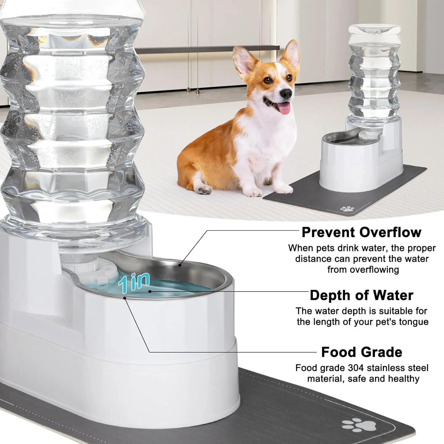 RIZZARI 8L Raised Automatic Pet Waterer, Gravity fed Stainless Steel Waterer, 100% BPA Free, Large Capacity Feeder for Cats and Medium to Large Dogs (Pearl,8L)