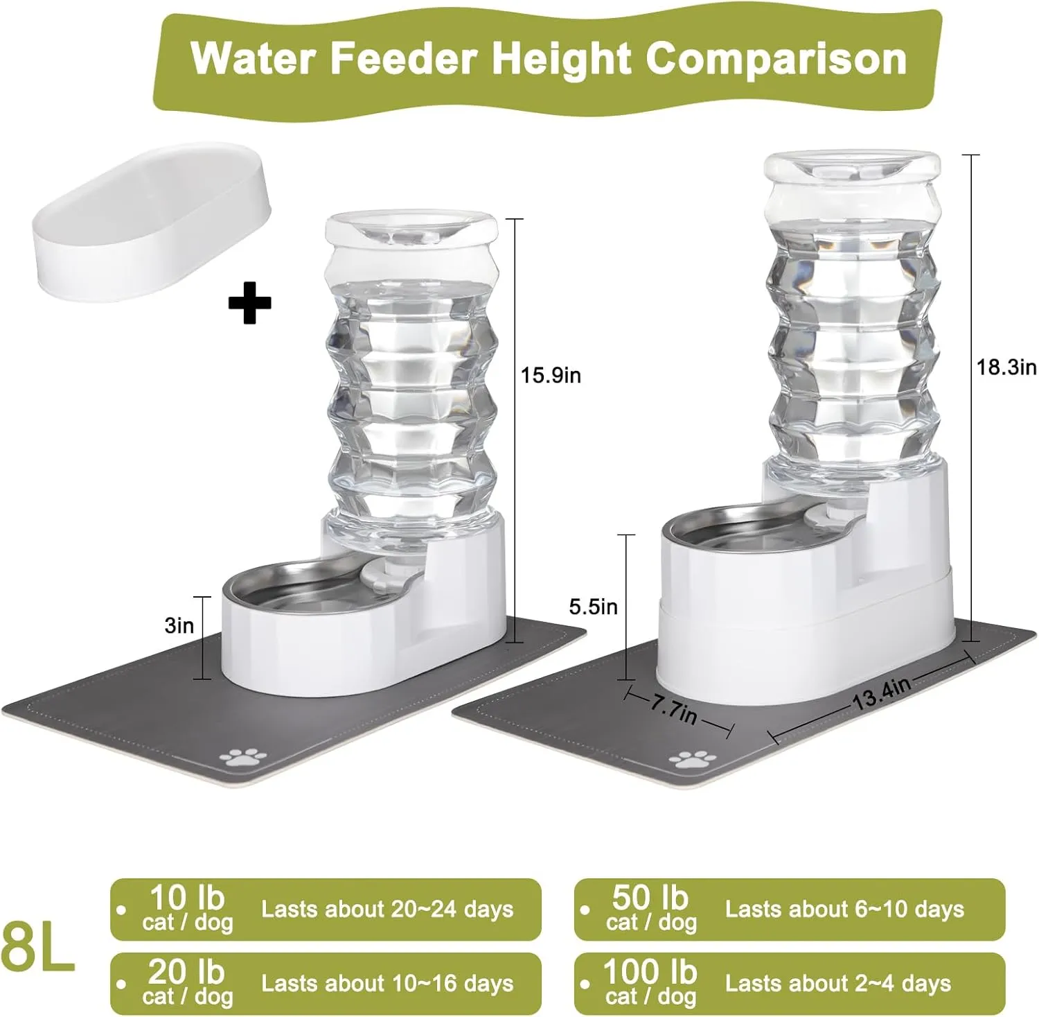 RIZZARI 8L Raised Automatic Pet Waterer, Gravity fed Stainless Steel Waterer, 100% BPA Free, Large Capacity Feeder for Cats and Medium to Large Dogs (Pearl,8L)
