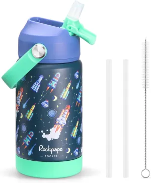 rockpapa Kids Insulated Water Bottle with Straw, BPA-Free, 18/8 Stainless Steel, Leak Proof, 14OZ Metal Cup Water Bottle for School Boys Girls (Blue Rocket)