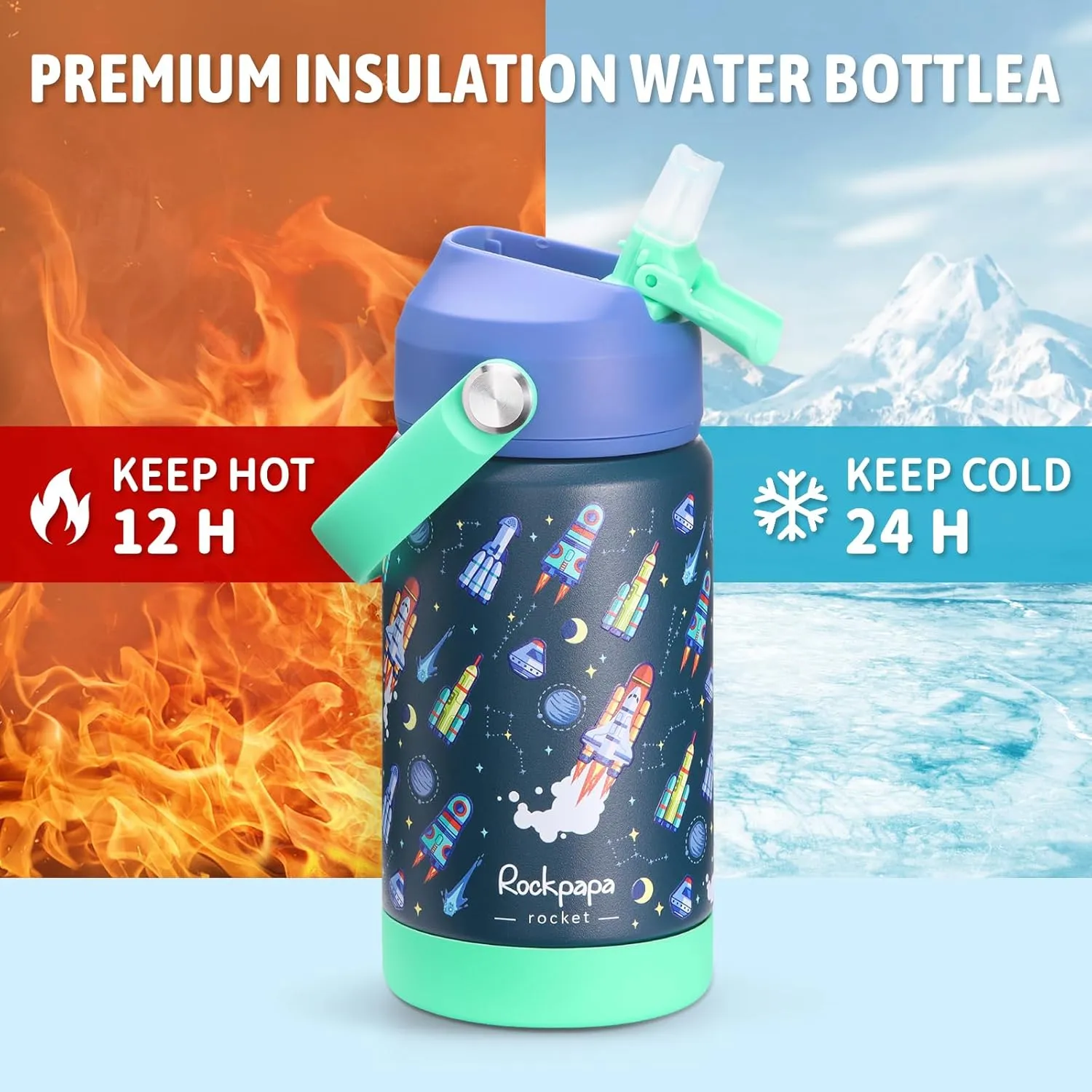 rockpapa Kids Insulated Water Bottle with Straw, BPA-Free, 18/8 Stainless Steel, Leak Proof, 14OZ Metal Cup Water Bottle for School Boys Girls (Blue Rocket)