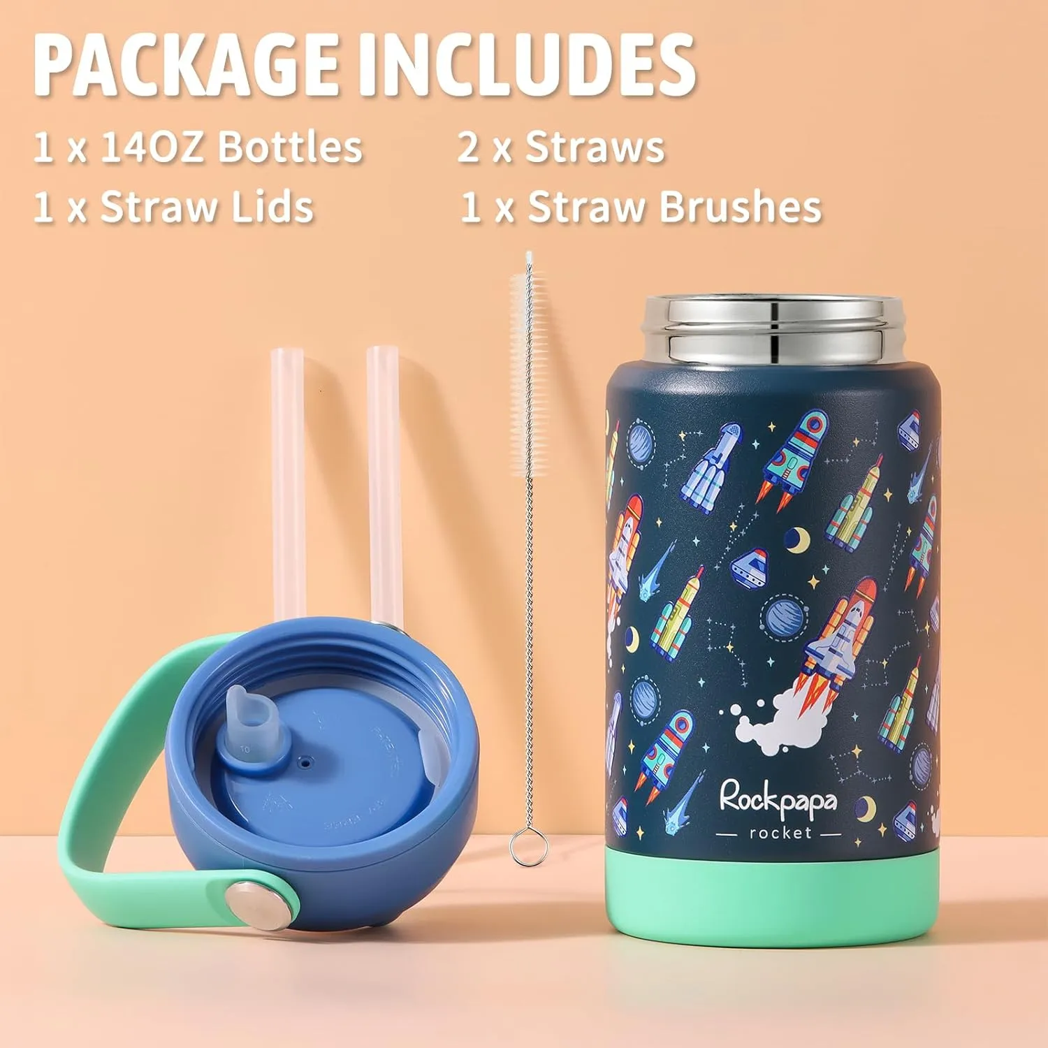 rockpapa Kids Insulated Water Bottle with Straw, BPA-Free, 18/8 Stainless Steel, Leak Proof, 14OZ Metal Cup Water Bottle for School Boys Girls (Blue Rocket)