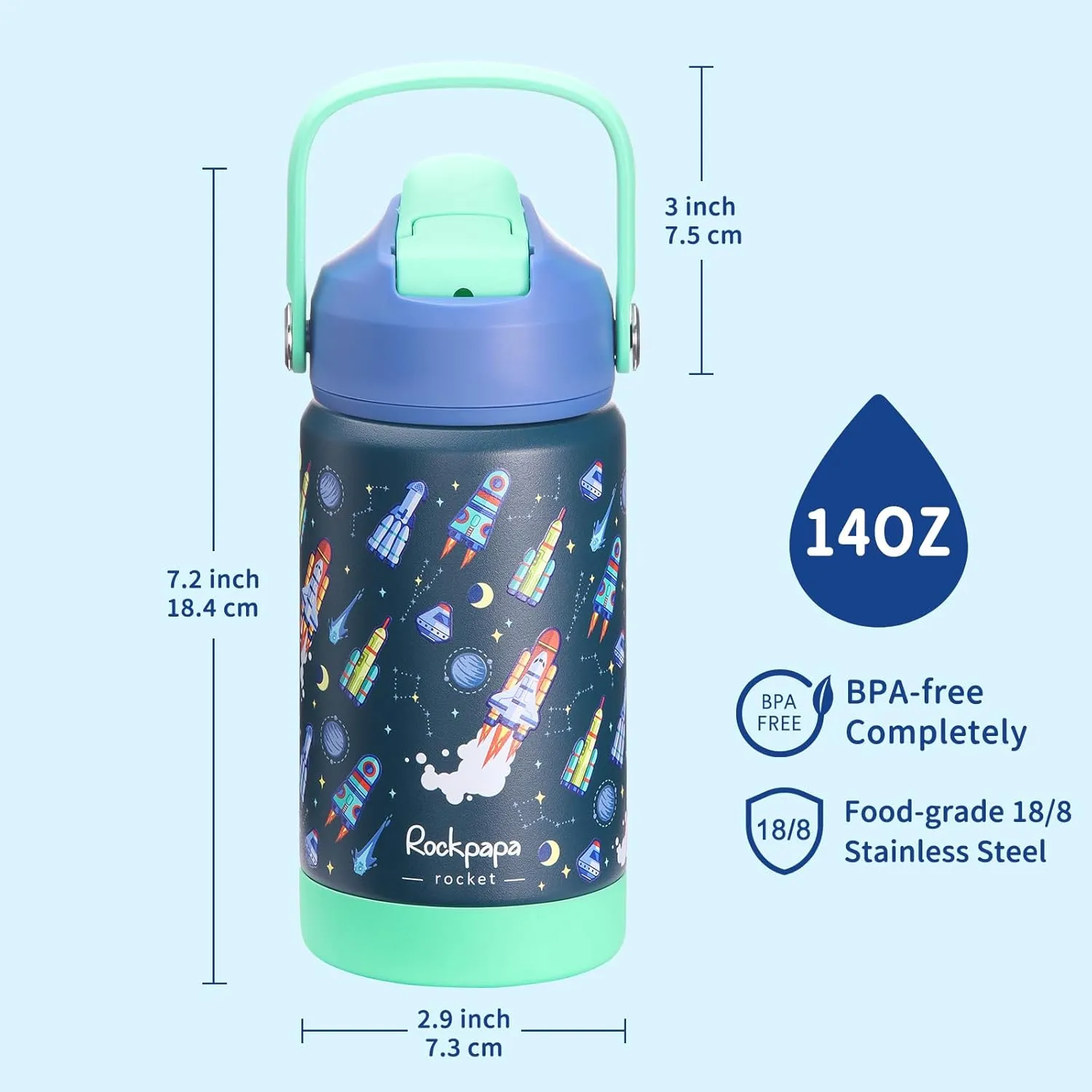 rockpapa Kids Insulated Water Bottle with Straw, BPA-Free, 18/8 Stainless Steel, Leak Proof, 14OZ Metal Cup Water Bottle for School Boys Girls (Blue Rocket)