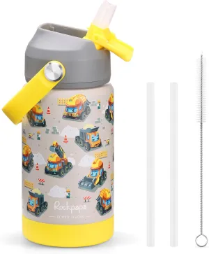 rockpapa Kids Insulated Water Bottle with Straw, BPA-Free, 18/8 Stainless Steel, Leak Proof, 14OZ Metal Cup Water Bottle for School Boys Girls (Grey Constr Trucks)