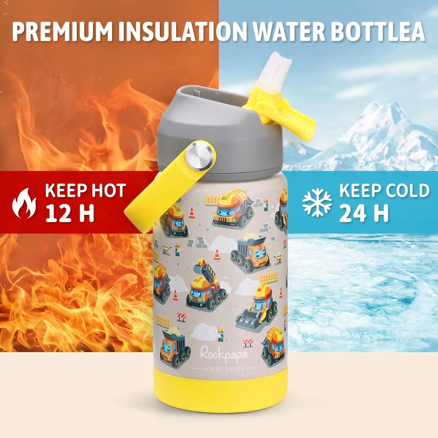 rockpapa Kids Insulated Water Bottle with Straw, BPA-Free, 18/8 Stainless Steel, Leak Proof, 14OZ Metal Cup Water Bottle for School Boys Girls (Grey Constr Trucks)