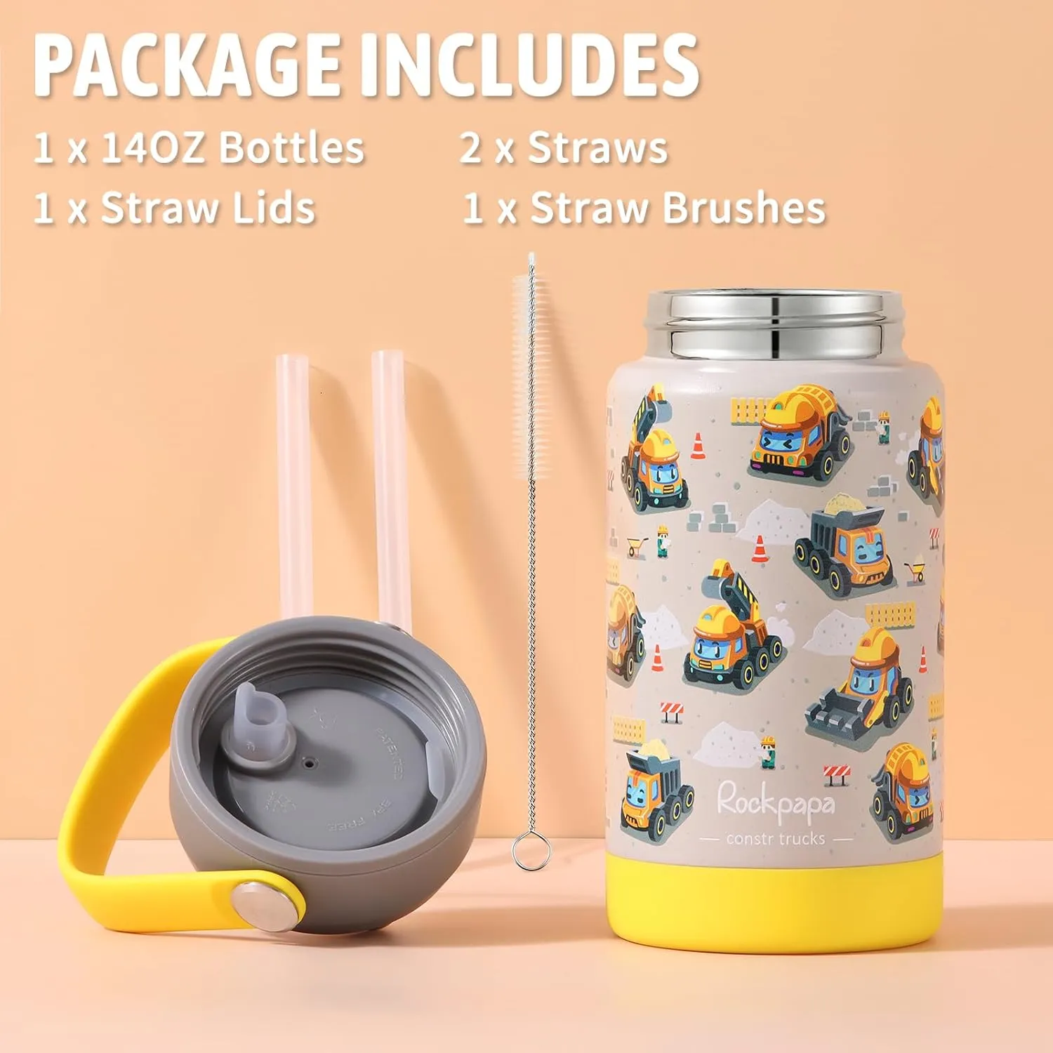rockpapa Kids Insulated Water Bottle with Straw, BPA-Free, 18/8 Stainless Steel, Leak Proof, 14OZ Metal Cup Water Bottle for School Boys Girls (Grey Constr Trucks)