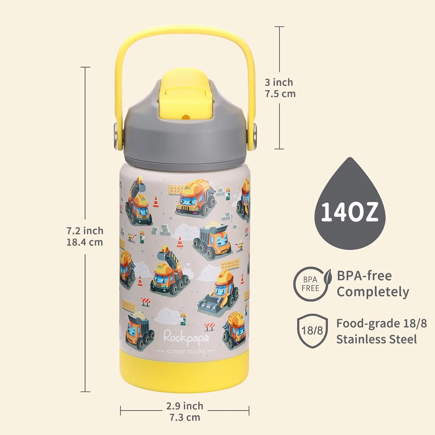 rockpapa Kids Insulated Water Bottle with Straw, BPA-Free, 18/8 Stainless Steel, Leak Proof, 14OZ Metal Cup Water Bottle for School Boys Girls (Grey Constr Trucks)