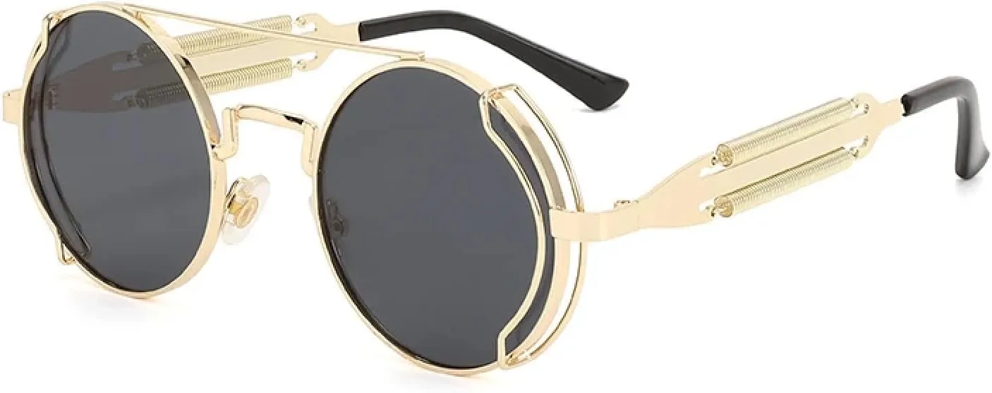Round-frame Punk Sunglasses. Hollow Double-spring Metal Sunglasses with Hollow Temple Arms.