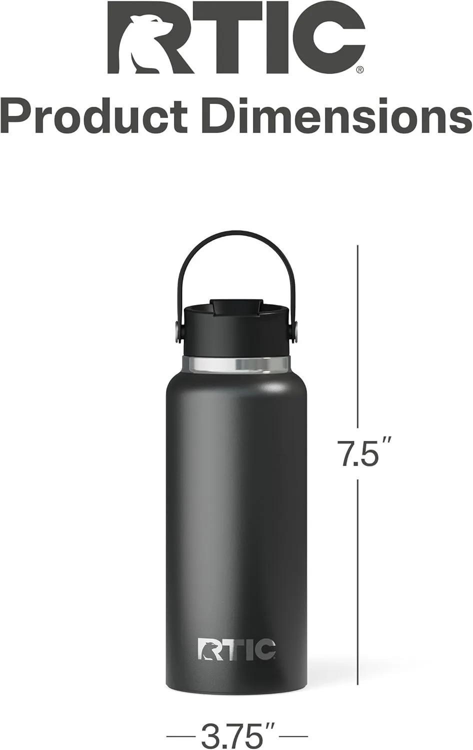 RTIC 32oz Outback Bottle, Insulated, Stainless Steel, Metal, Double Wall Vacuum-Insulation, Ceramic Lined, Leak-Proof Lid, BPA-Free Water Flask for Hiking, Running, Sports, Outdoor, Black