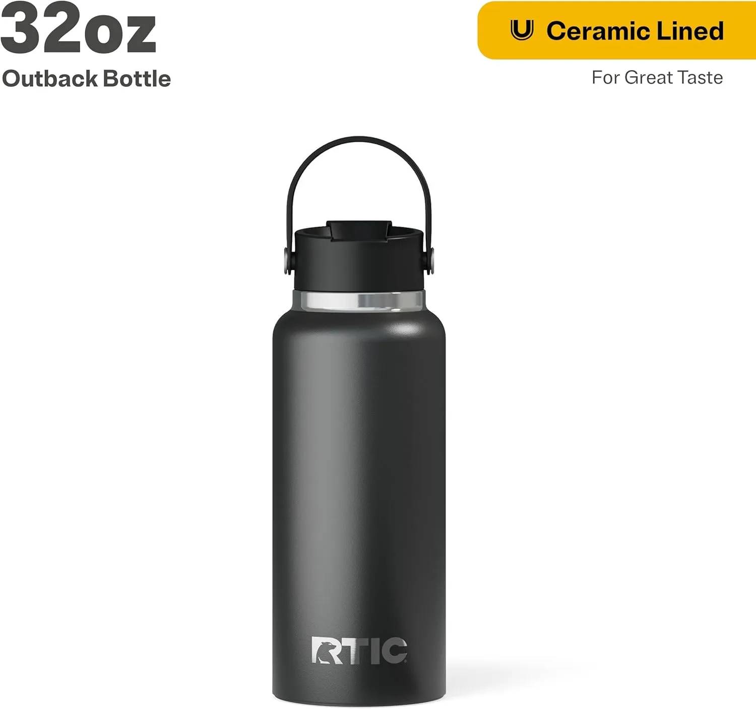 RTIC 32oz Outback Bottle, Insulated, Stainless Steel, Metal, Double Wall Vacuum-Insulation, Ceramic Lined, Leak-Proof Lid, BPA-Free Water Flask for Hiking, Running, Sports, Outdoor, Black