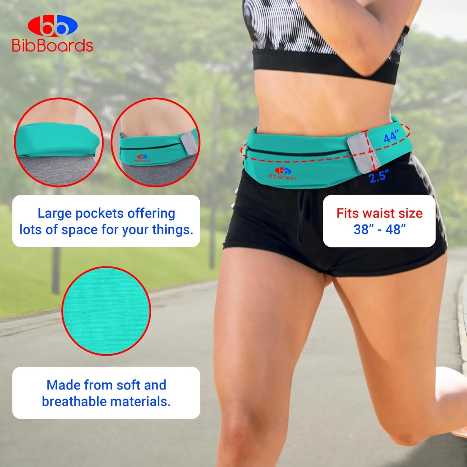 Running Belt, Turquoise | No-Bounce, Water & Sweat-Resistant Fanny Pack for Phone, Keys, Cards | Adjustable Waist 38”-48” | Lightweight for Running, Cycling, Hiking, Marathons and Races