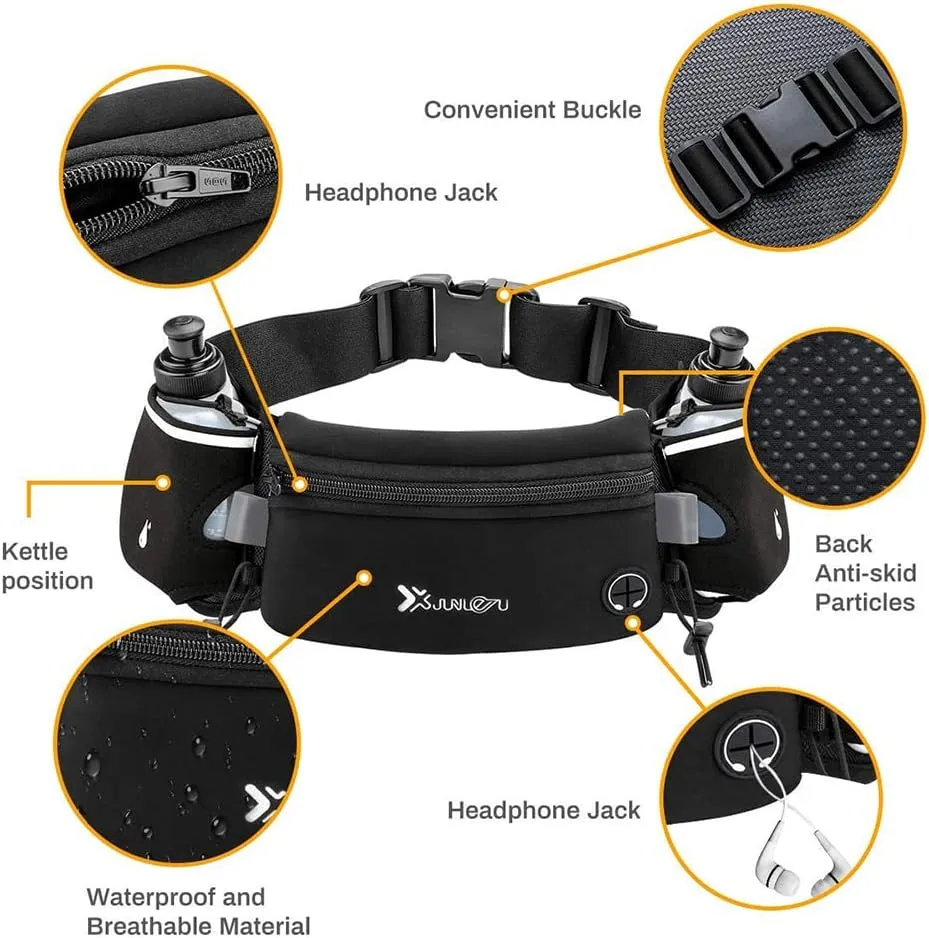 Running Belt with Water Bottles Sports Waist Pouch Hydration Belt Waterproof Waist Pack Bag for Running, Triathlon, Marathon