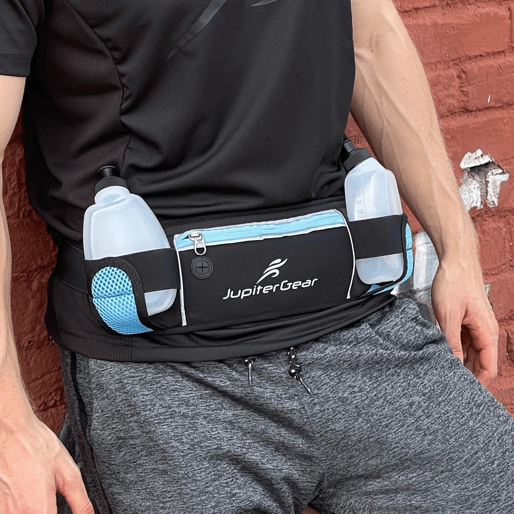 Running Hydration Belt Waist Bag with Water-Resistant Pockets and 2 Water Bottles for Outdoor Sports