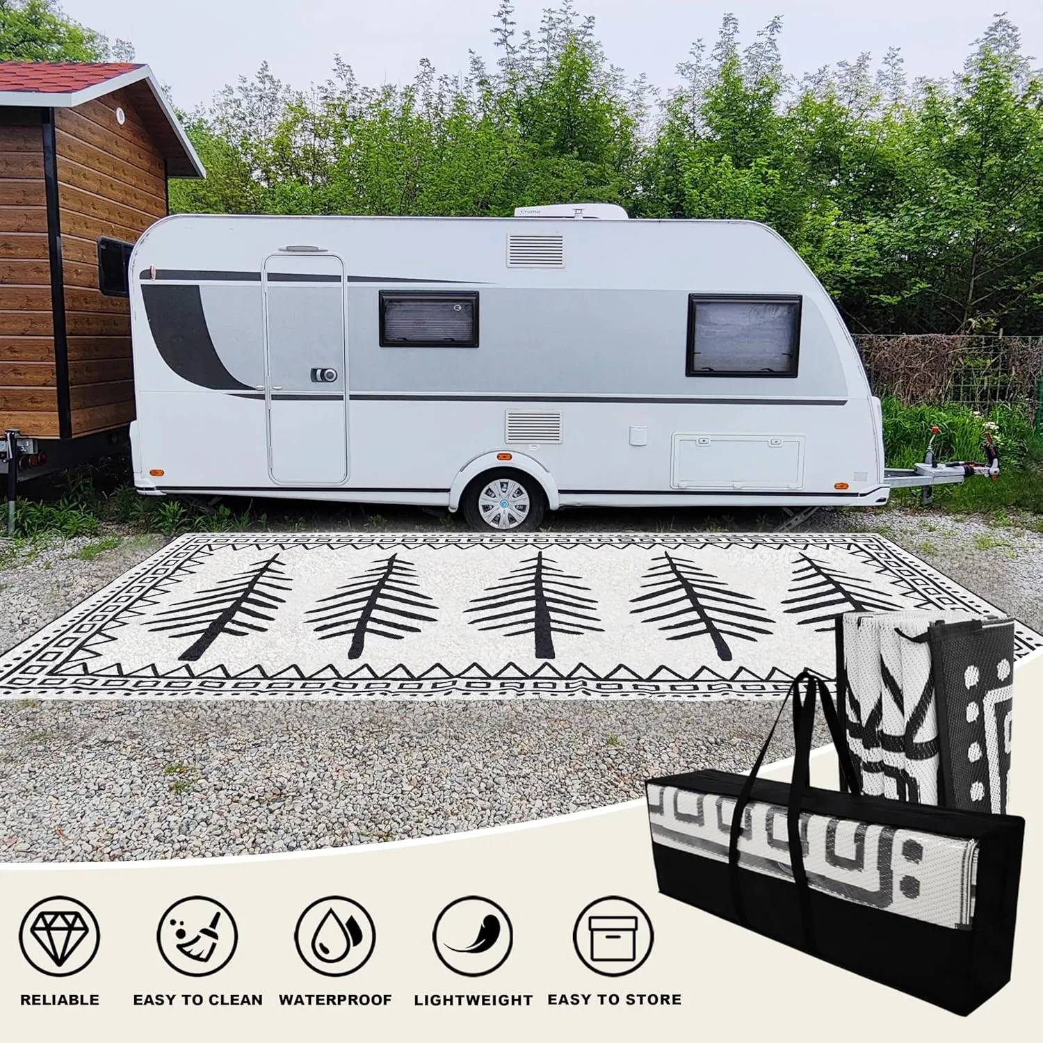 RV Outdoor Rug, 9' × 18' Plastic Straw Waterproof Rugs Lightweight Reversible RV Mat Outdoor Patio Rug with Storage Bag for Outside Camper Under Awning Backyard, Pine Tree Print