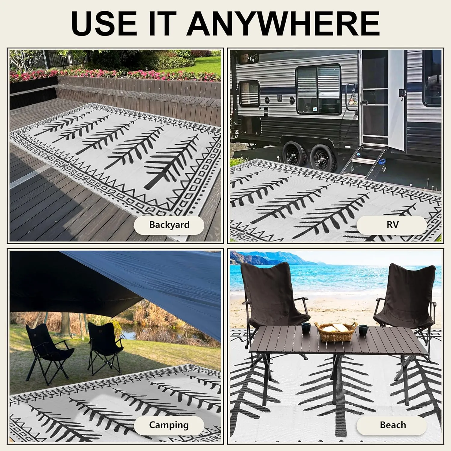 RV Outdoor Rug, 9' × 18' Plastic Straw Waterproof Rugs Lightweight Reversible RV Mat Outdoor Patio Rug with Storage Bag for Outside Camper Under Awning Backyard, Pine Tree Print