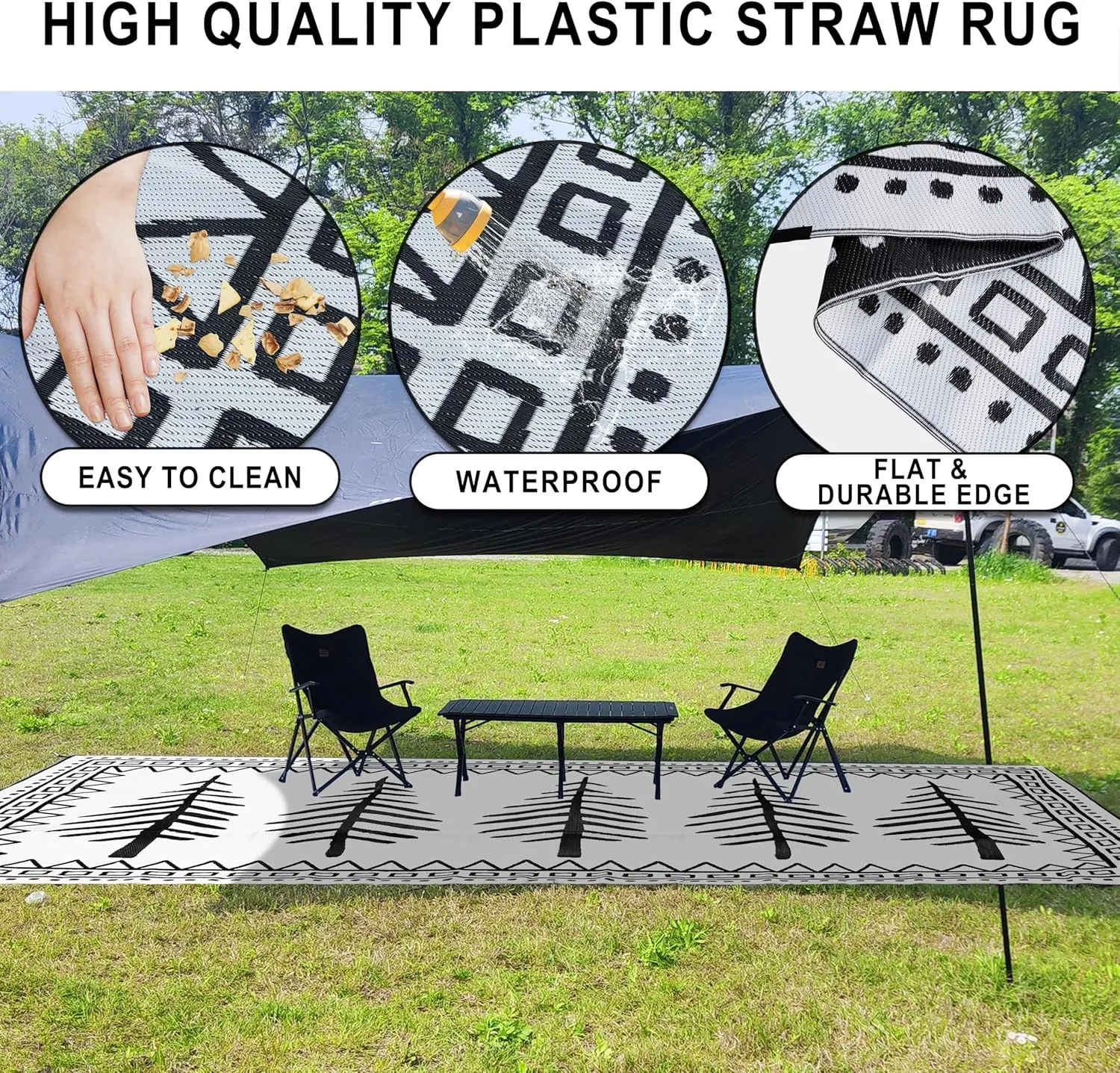 RV Outdoor Rug, 9' × 18' Plastic Straw Waterproof Rugs Lightweight Reversible RV Mat Outdoor Patio Rug with Storage Bag for Outside Camper Under Awning Backyard, Pine Tree Print