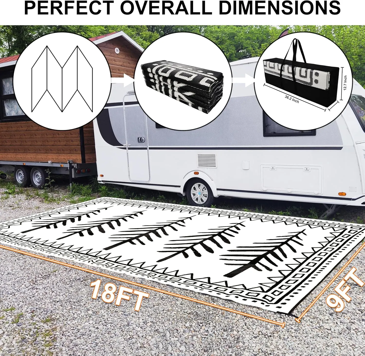 RV Outdoor Rug, 9' × 18' Plastic Straw Waterproof Rugs Lightweight Reversible RV Mat Outdoor Patio Rug with Storage Bag for Outside Camper Under Awning Backyard, Pine Tree Print
