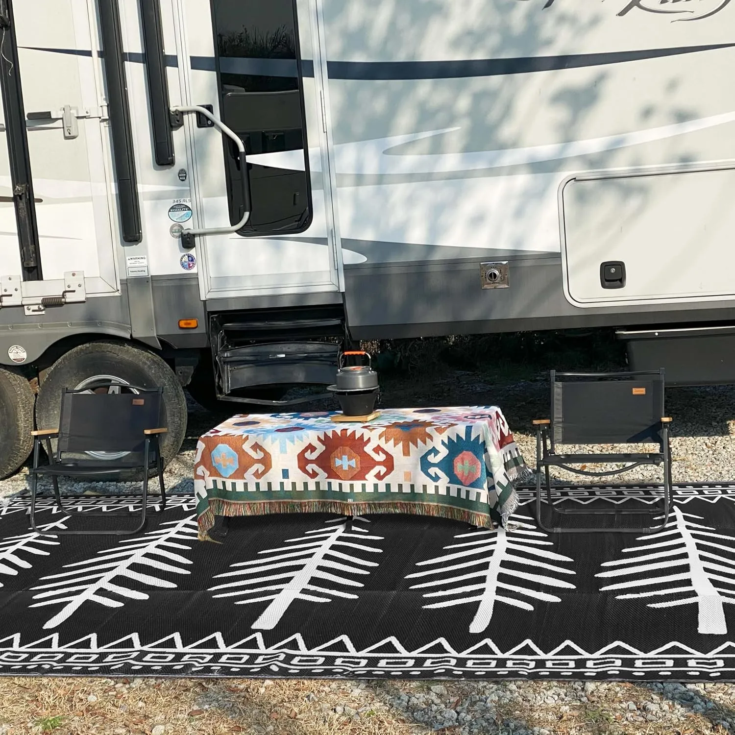 RV Outdoor Rug, 9' × 18' Plastic Straw Waterproof Rugs Lightweight Reversible RV Mat Outdoor Patio Rug with Storage Bag for Outside Camper Under Awning Backyard, Pine Tree Print
