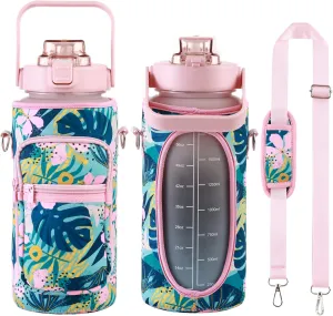 RYI Half Gallon Water Bottle with Sleeve & Strap 64 OZ Motivational Water Bottles with Straw Large Wide Mouth Water Jug with Time Marker for Fitness, Gym and Outdoor Sports, Leak-proof & BPA Free