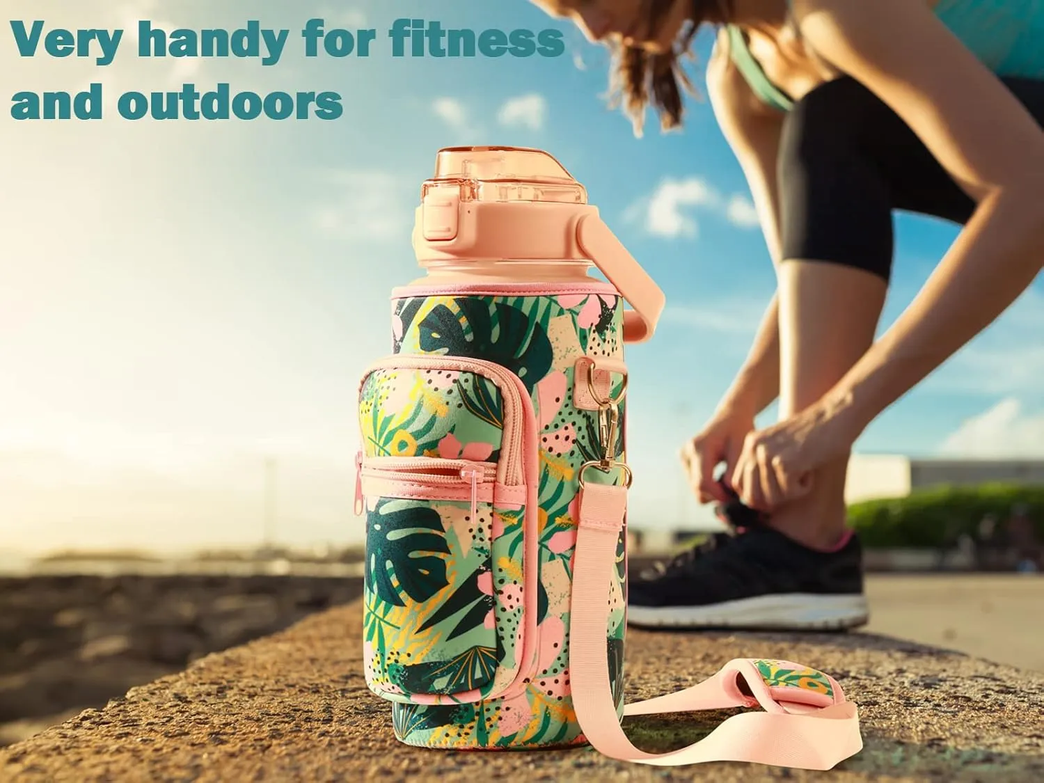 RYI Half Gallon Water Bottle with Sleeve & Strap 64 OZ Motivational Water Bottles with Straw Large Wide Mouth Water Jug with Time Marker for Fitness, Gym and Outdoor Sports, Leak-proof & BPA Free