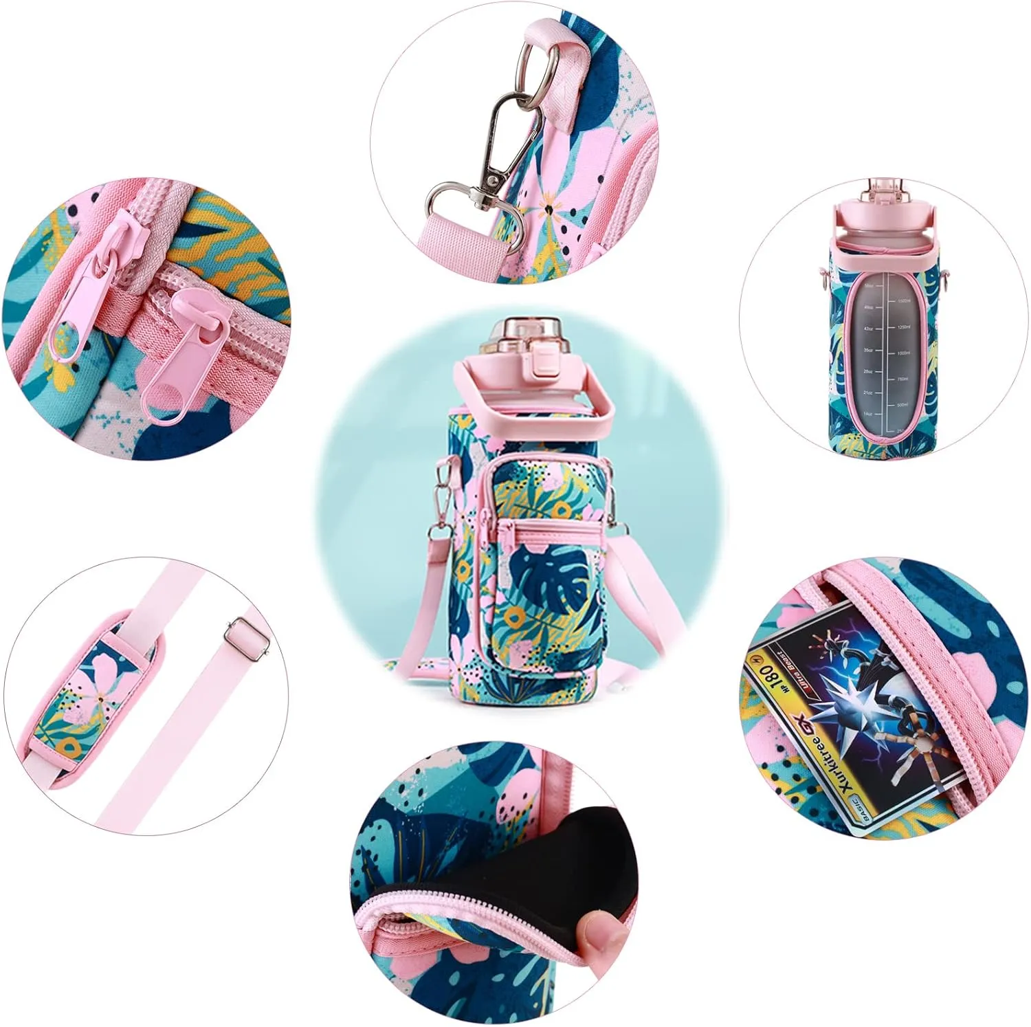 RYI Half Gallon Water Bottle with Sleeve & Strap 64 OZ Motivational Water Bottles with Straw Large Wide Mouth Water Jug with Time Marker for Fitness, Gym and Outdoor Sports, Leak-proof & BPA Free