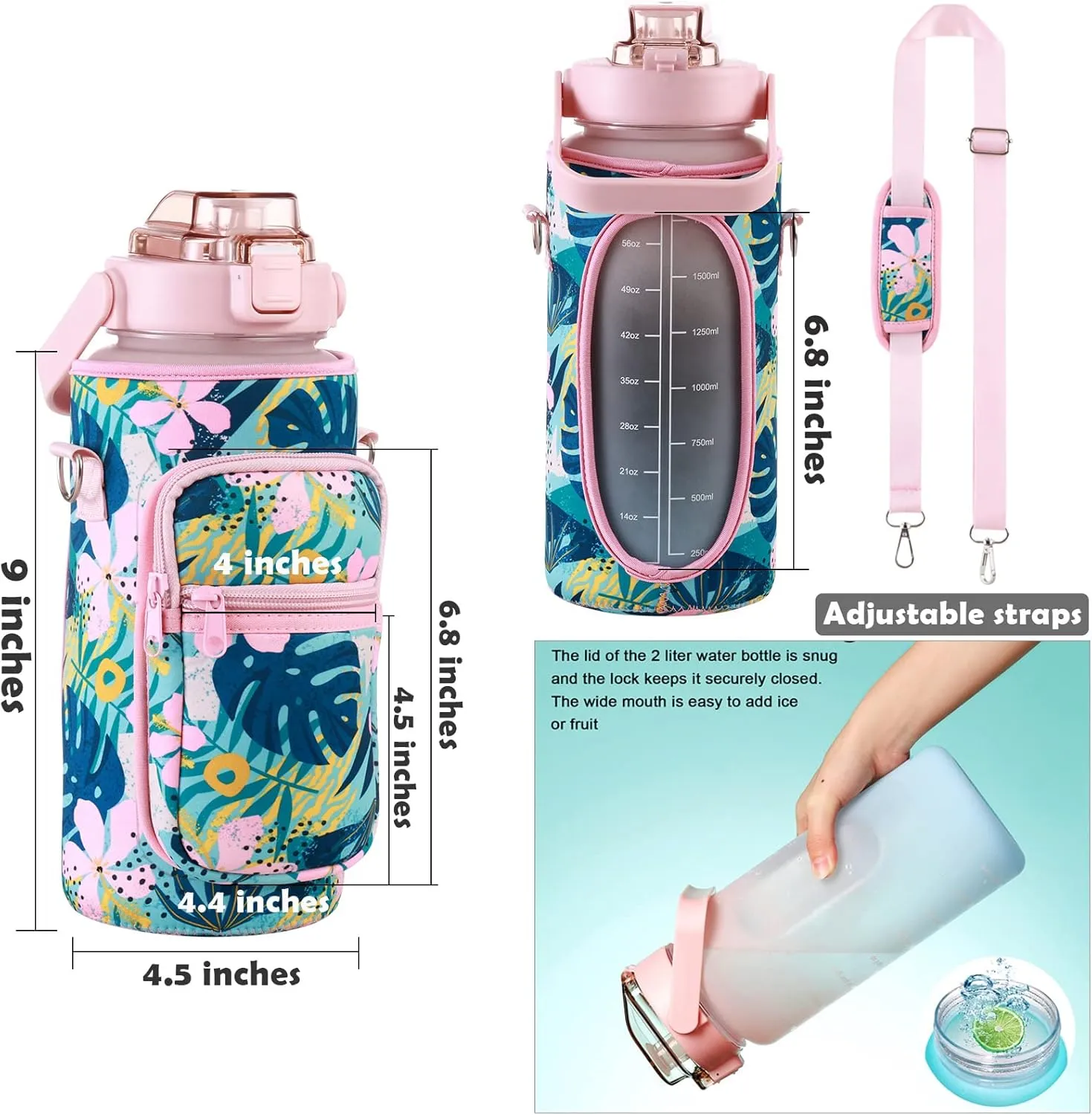 RYI Half Gallon Water Bottle with Sleeve & Strap 64 OZ Motivational Water Bottles with Straw Large Wide Mouth Water Jug with Time Marker for Fitness, Gym and Outdoor Sports, Leak-proof & BPA Free