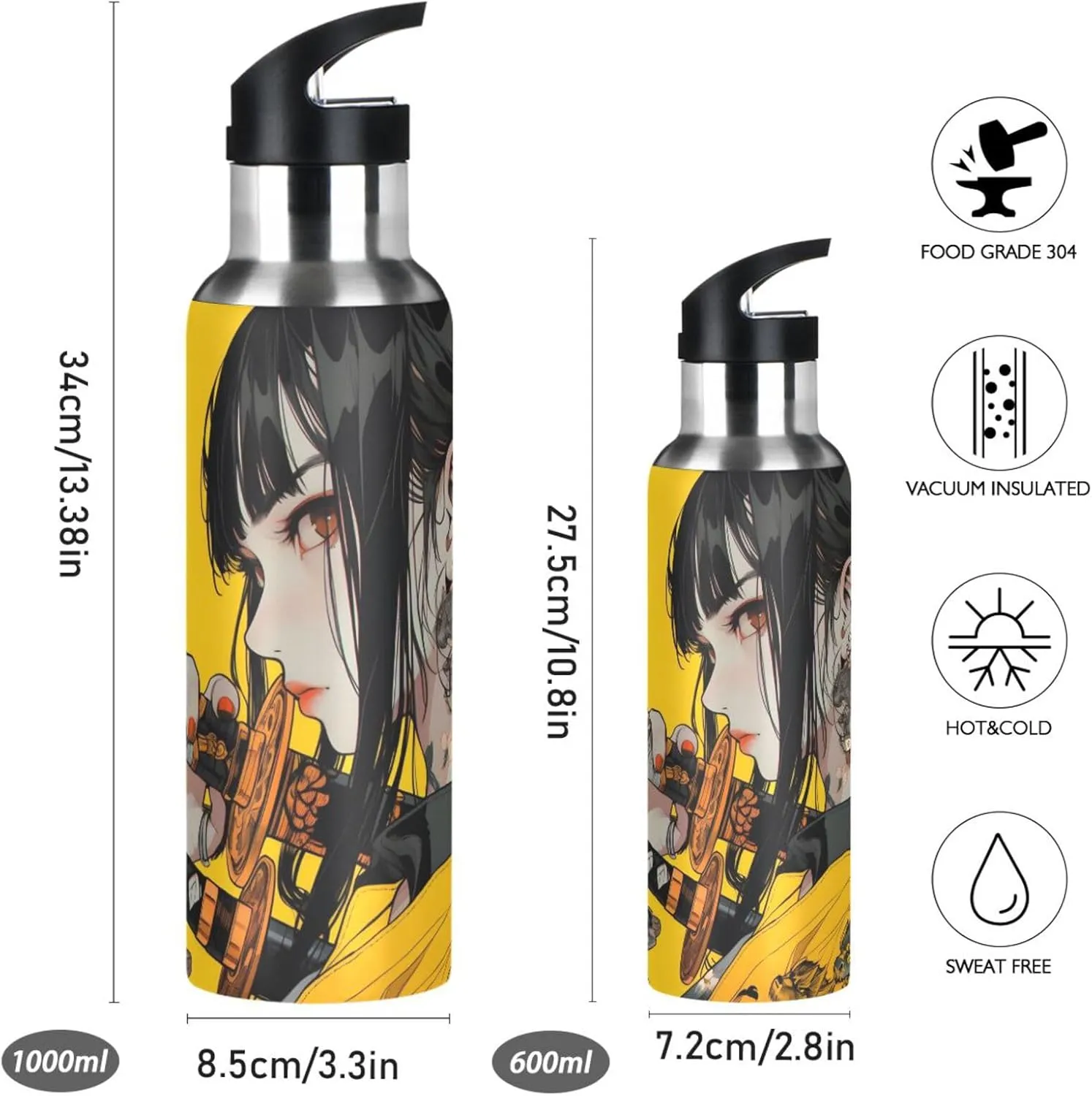 Samurai Anime Yellow Sports Water Bottle with Lid Straw Insulated, 33 OZ Stainless Steel BPA Free Leak Proof Sports Mug