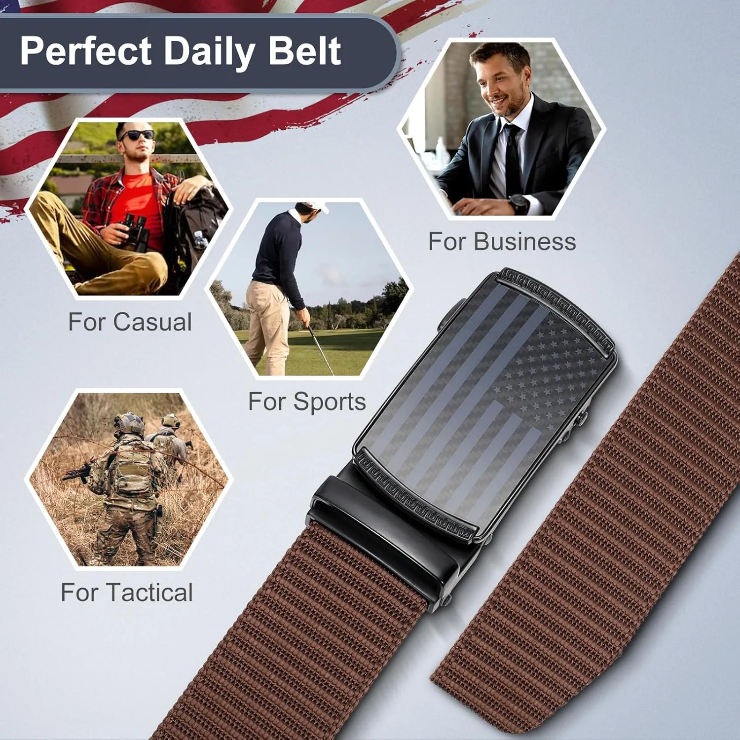 SANSTHS Golf Ratchet Belt for Men, Mens Belt Casual 1 1/3" Flag Pattern Auto Slide Buckle for Jeans