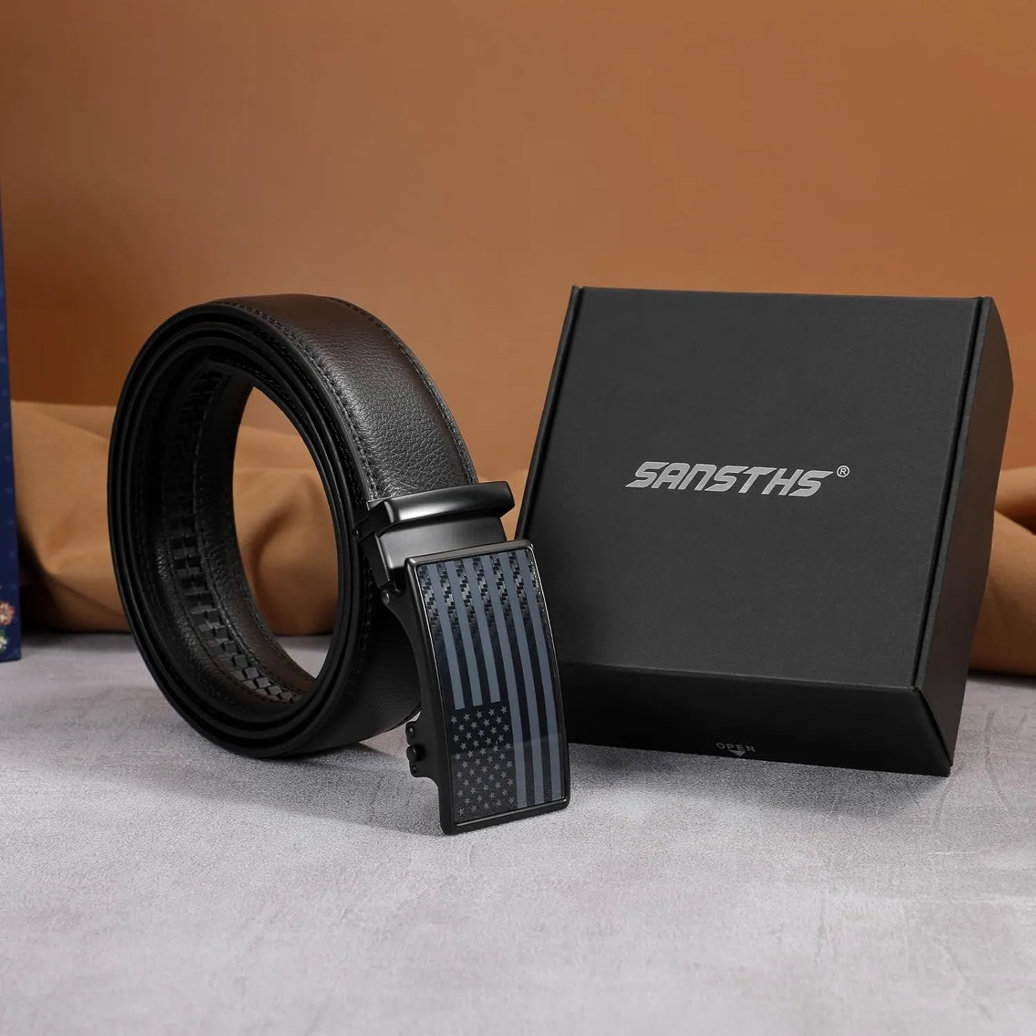 SANSTHS Men's Belts Leather Ratchet Dress Belts for Men with Adjustable Slide Buckle in Gift Box