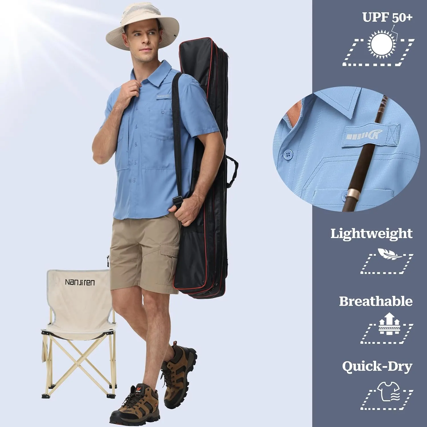 Satankud Men's Short Sleeve Lightweight Fishing Shirt UPF 50  Sun Protection Hiking Travel Work Button Down Shirt Zip Pocket