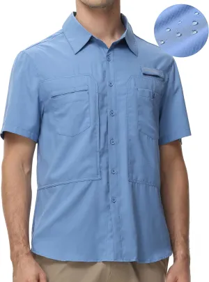 Satankud Men's Short Sleeve Lightweight Fishing Shirt UPF 50  Sun Protection Hiking Travel Work Button Down Shirt Zip Pocket
