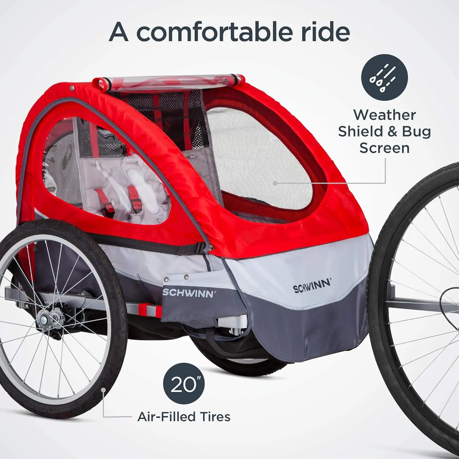 Schwinn Joyrider Echo and Trailblazer Child Bike Trailer, Single and Double Seat Baby Carrier Options, Canopy, 16 or 20-Inch Air-Filled Tires, with Bug Screen & Weather Shield, Bike Attachment