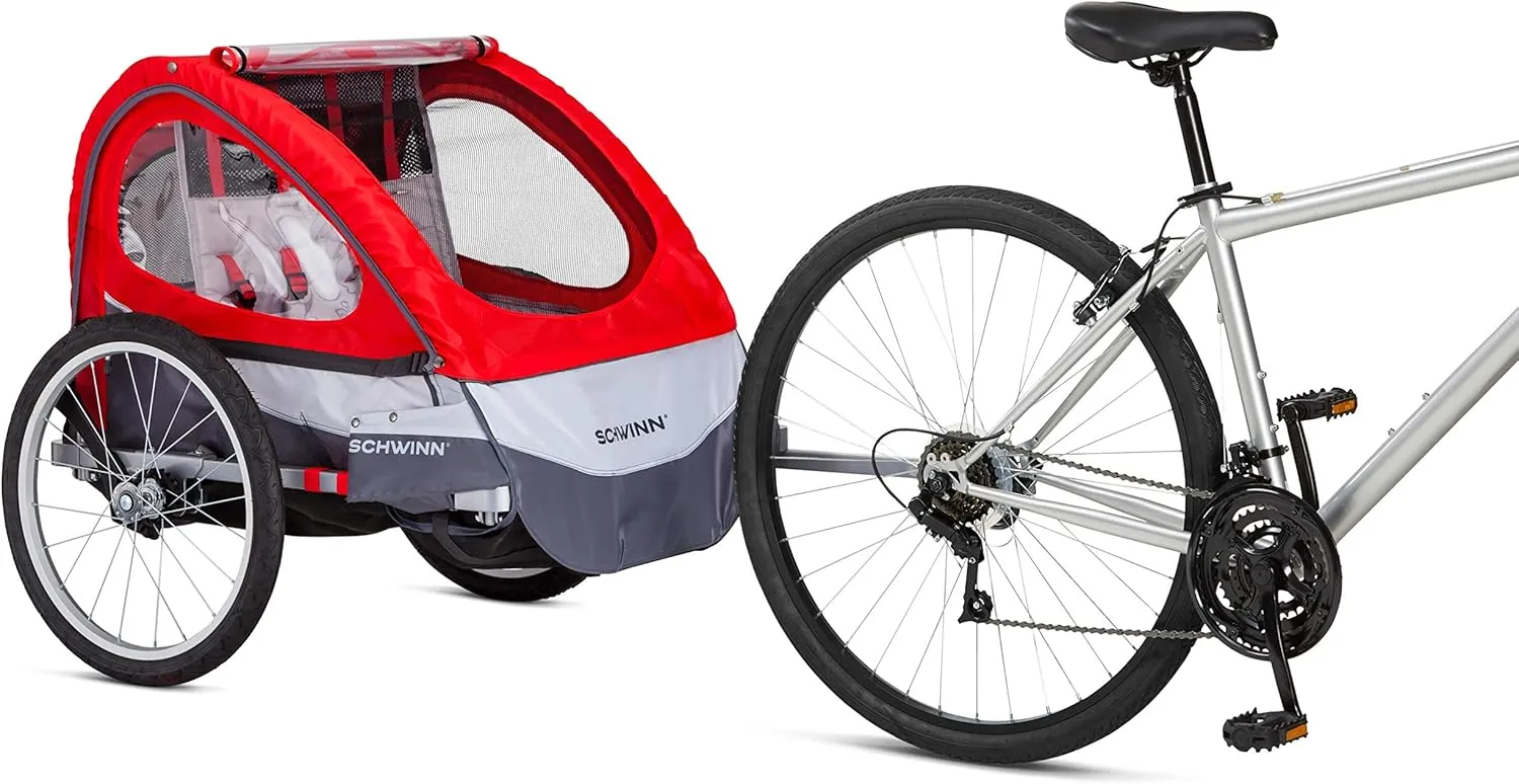 Schwinn Joyrider Echo and Trailblazer Child Bike Trailer, Single and Double Seat Baby Carrier Options, Canopy, 16 or 20-Inch Air-Filled Tires, with Bug Screen & Weather Shield, Bike Attachment