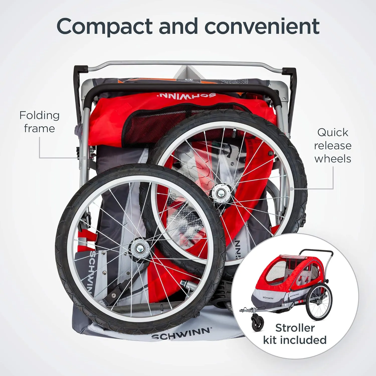 Schwinn Joyrider Echo and Trailblazer Child Bike Trailer, Single and Double Seat Baby Carrier Options, Canopy, 16 or 20-Inch Air-Filled Tires, with Bug Screen & Weather Shield, Bike Attachment