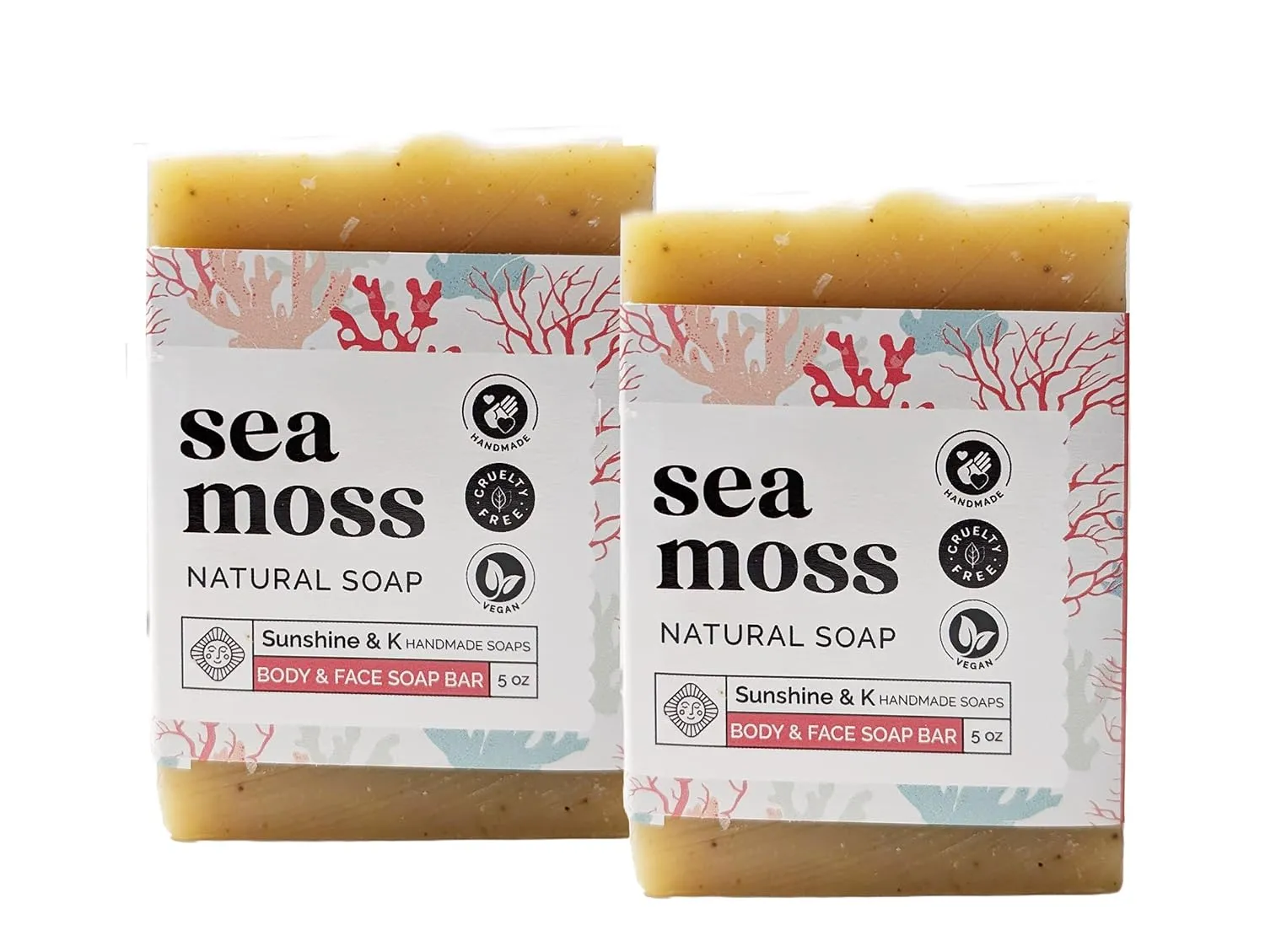 Sea Moss Soap Bar - Natural Handmade Vegan Soap with Organic Argan Oil, Extra Virgin Olive Oil, Castor Oil, and Real Sea Moss - 5 oz (Two Bars)