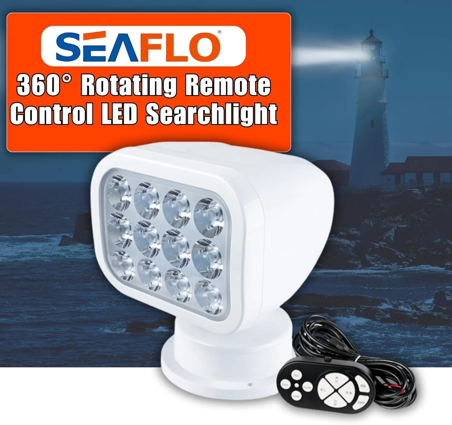 SEAFLO 360° Rotating Remote Control LED Searchlight, 10-30V, Auto-Reset, IP66 Waterproof, Marine Spotlight for Boats, Truck, Vehicles, CE & Rohs Certified (Wired Remote/White//Warm Light 2700K)