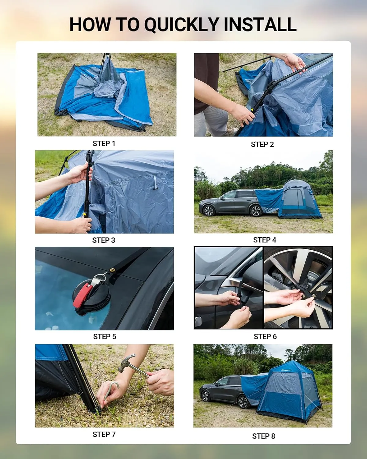 SEALIGHT SUV Tent for Camping，6 Person Pop Up Tent Double Layer PU3000mm Waterproof Car Camping Tent with Rainfly and Storage Bag，Weather Resistant Car Tents for Camping SUV，10FT L x 8FT W x 7.2FT H