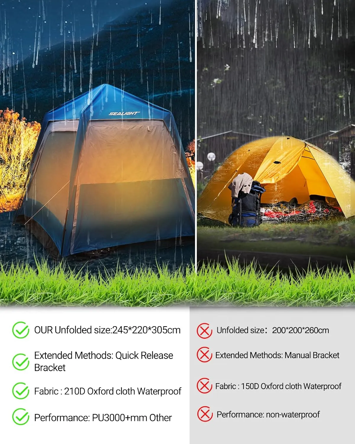 SEALIGHT SUV Tent for Camping，6 Person Pop Up Tent Double Layer PU3000mm Waterproof Car Camping Tent with Rainfly and Storage Bag，Weather Resistant Car Tents for Camping SUV，10FT L x 8FT W x 7.2FT H