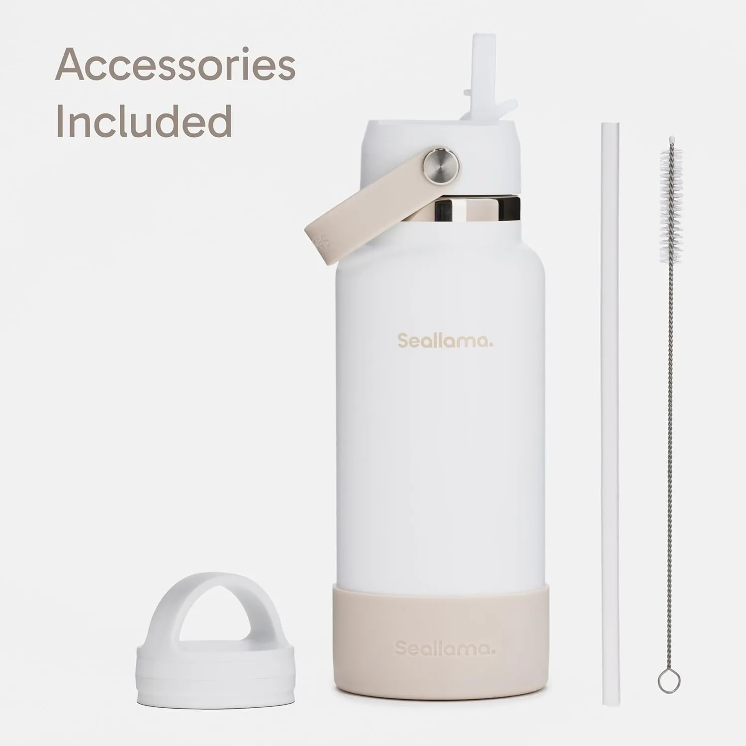 Seallama. Stainless Steel Wide Mouth Water Bottle - 2 Lids (Flex Straw Lid) and Double-Wall Vacuum Insulation - Leak Proof, BPA-Free, for Travel, Sports, School, and Car (Chalk, 32 oz)