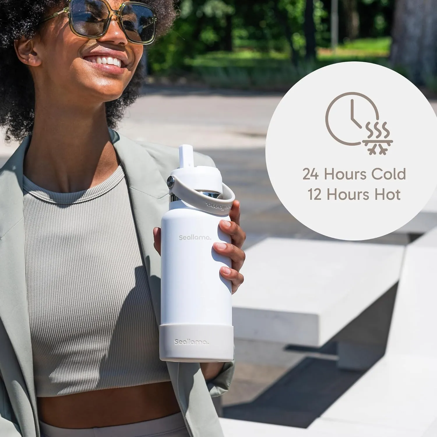 Seallama. Stainless Steel Wide Mouth Water Bottle - 2 Lids (Flex Straw Lid) and Double-Wall Vacuum Insulation - Leak Proof, BPA-Free, for Travel, Sports, School, and Car (Chalk, 32 oz)