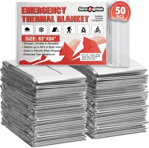 SecuCaptain Survival Emergency Thermal Blankets: Extra Large 84” x63” Space Mylar Blanket Kit for Outdoor Cold Winter Camping Hiking Car Bug Out Bag or First Aid - 50 Pack