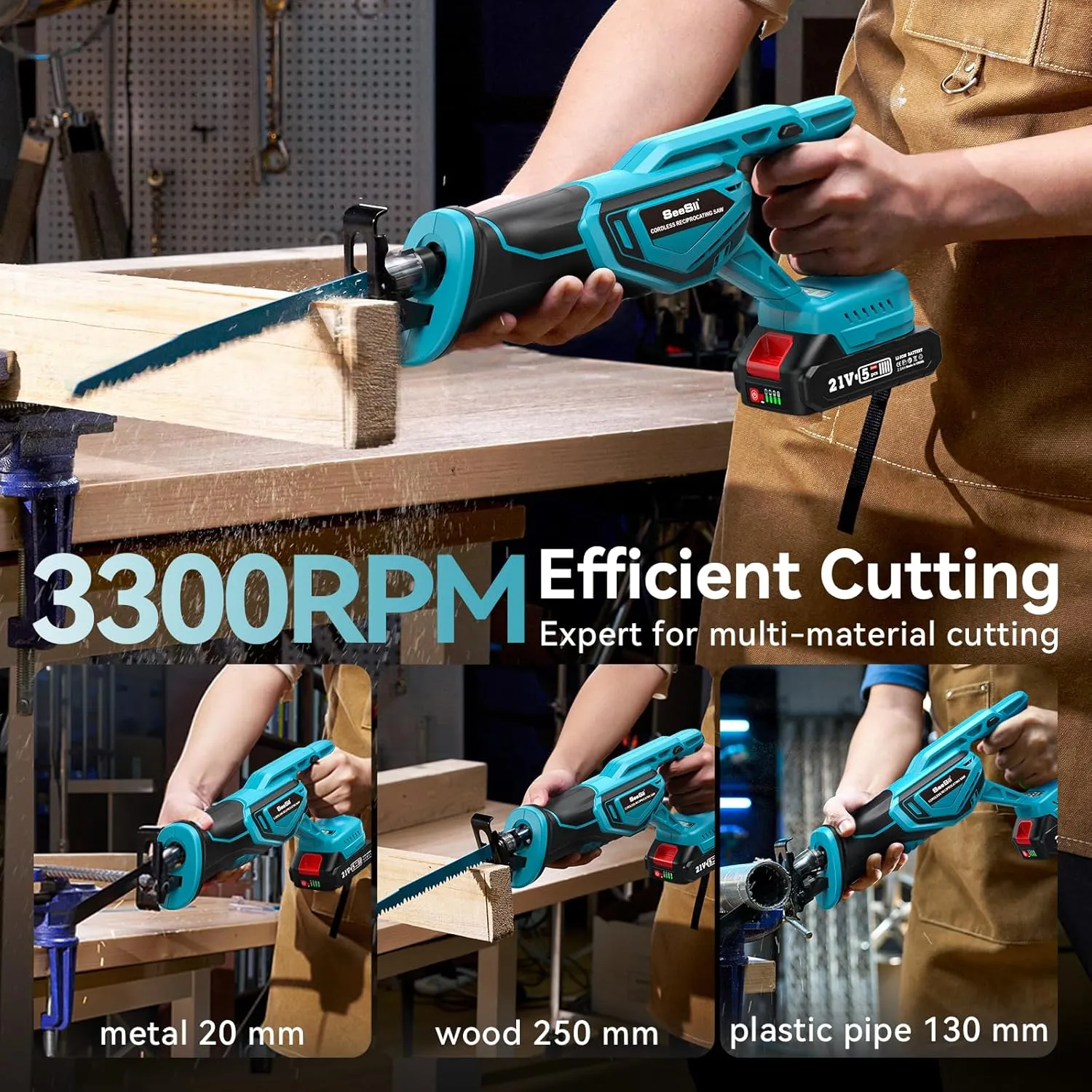 Seesii Reciprocating Saw Cordless, 3300 RPM Brushless Motor with 2 x 4.0Ah Batteries, 8 Saw Blades Portable for Wood PVC Cutting