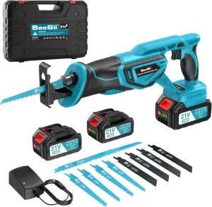 Seesii Reciprocating Saw Cordless, 3300 RPM Brushless Motor with 2 x 4.0Ah Batteries, 8 Saw Blades Portable for Wood PVC Cutting