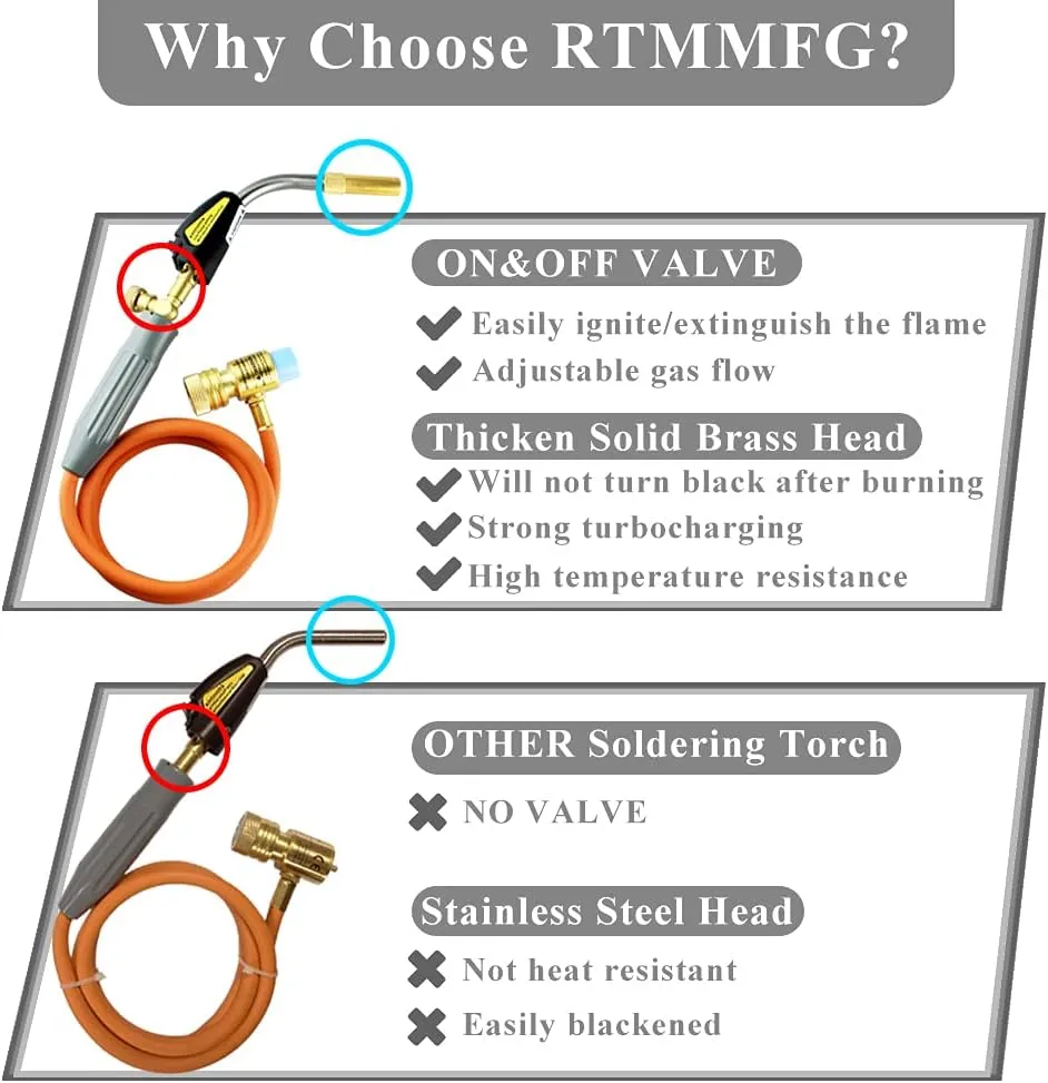 Self-Ignition Propane Soldering Torch Mapp Gas Welding Torch with Brass Head，Adjustable Swirl Flame Trigger one-touch Ignition, 5ft Hose