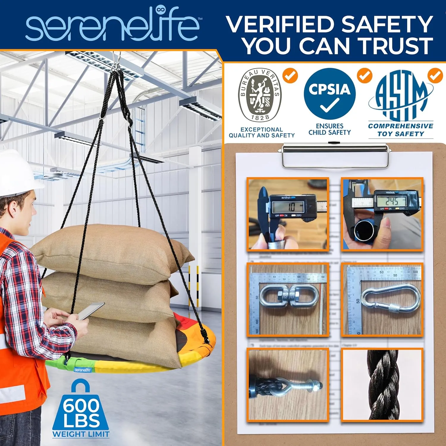 SereneLife 40" Saucer Swing - Outdoor Swing Set with Universal Hanging Kit, Swinging Seat Spinner with Pillow & Carry Bag, Weatherproof, Water-Resistant, Supports Up to 700 lbs, Rainbow