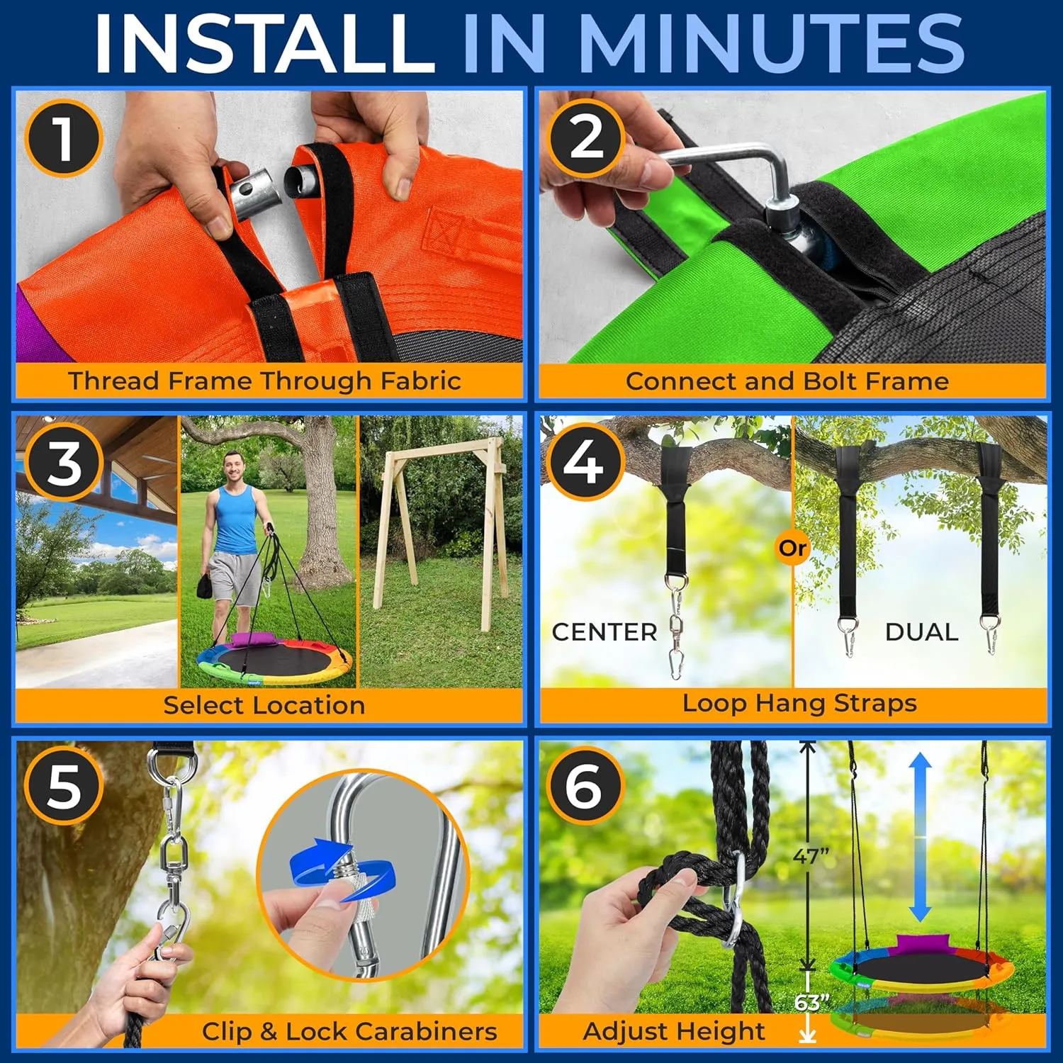 SereneLife 40" Saucer Swing - Outdoor Swing Set with Universal Hanging Kit, Swinging Seat Spinner with Pillow & Carry Bag, Weatherproof, Water-Resistant, Supports Up to 700 lbs, Rainbow