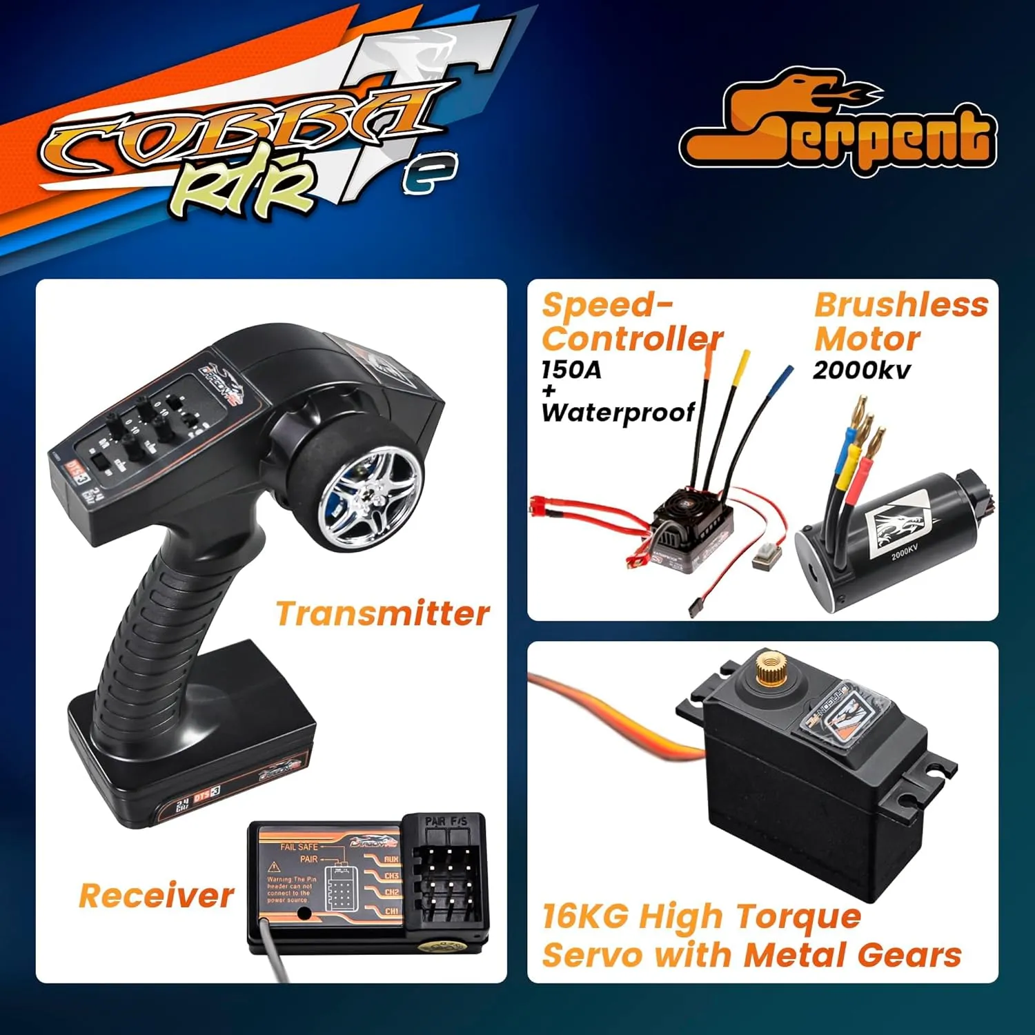 Serpent 1/8 Off-Road Truggy-e RTR, High Speed, Long Life, High-Performance Electric Truggy Kit, Battery and Charger Excluded, Orange (Red)