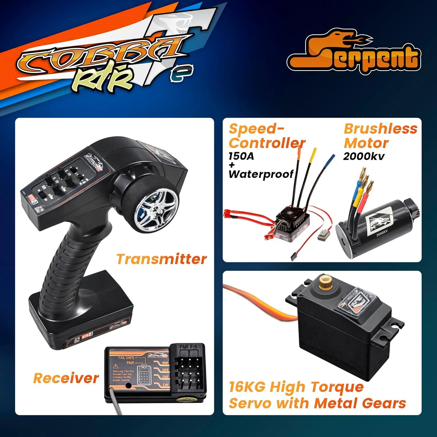 Serpent 1/8 Off-Road Truggy-e RTR, High Speed, Long Life, High-Performance Electric Truggy Kit, Battery and Charger Excluded (Orange)