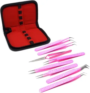 Set of 8 Stainless Steel Tweezers Kit Nippers for Eyelash Extensions and Nail Art Straight and Curved Tip For Sticker Rhinestone Eyelash Picker Acrylic Gel Nail DIY Art PINK