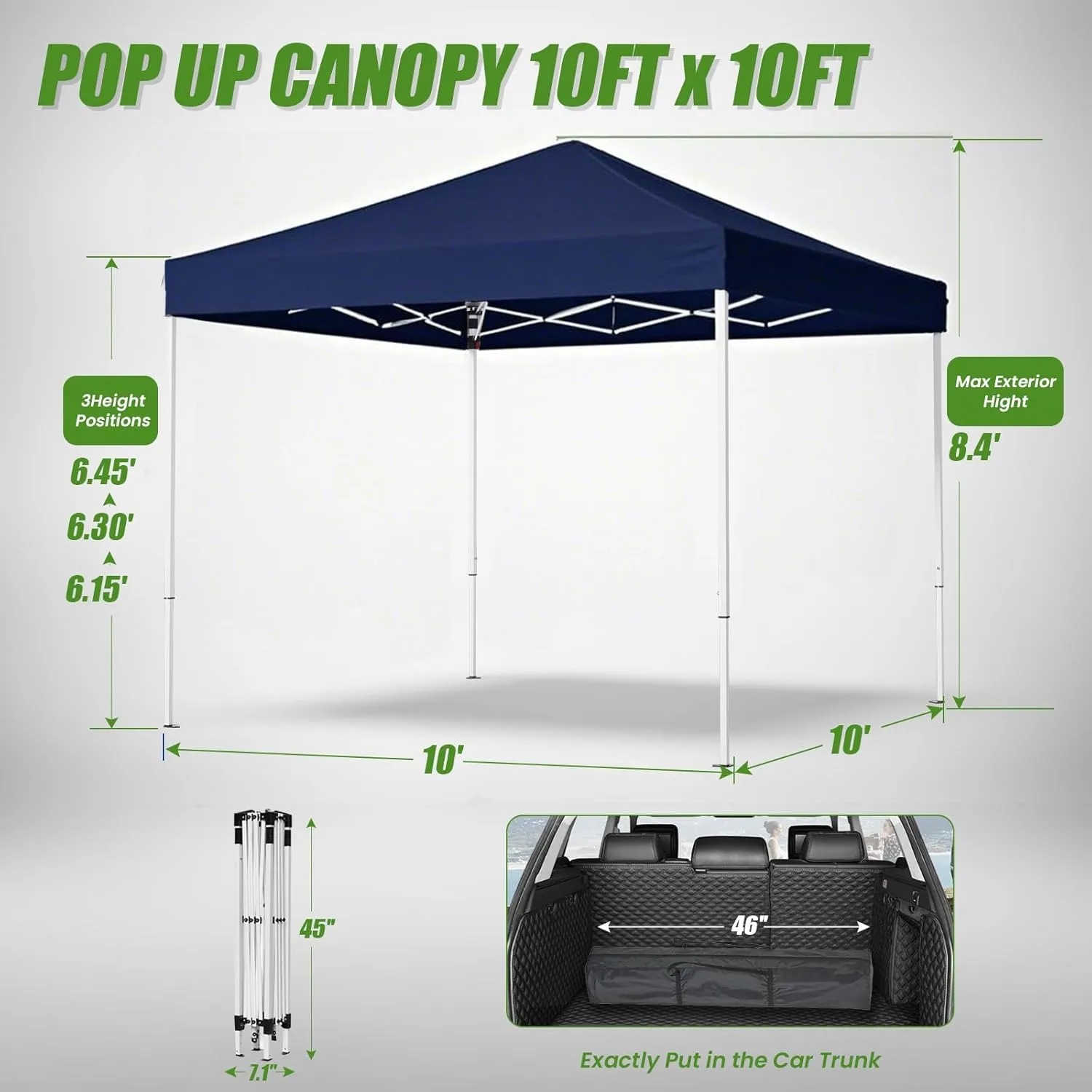 Shades 10x10 Pop Up Canopy,Heavy Duty Beach Tent with Carrying Bag for Easy Moving,Sun Shelter for Parties,Events,Camping,Outdoor Gazebo with 420D PU Coated Waterproof Navy Blue Fabric,4 Sandbags
